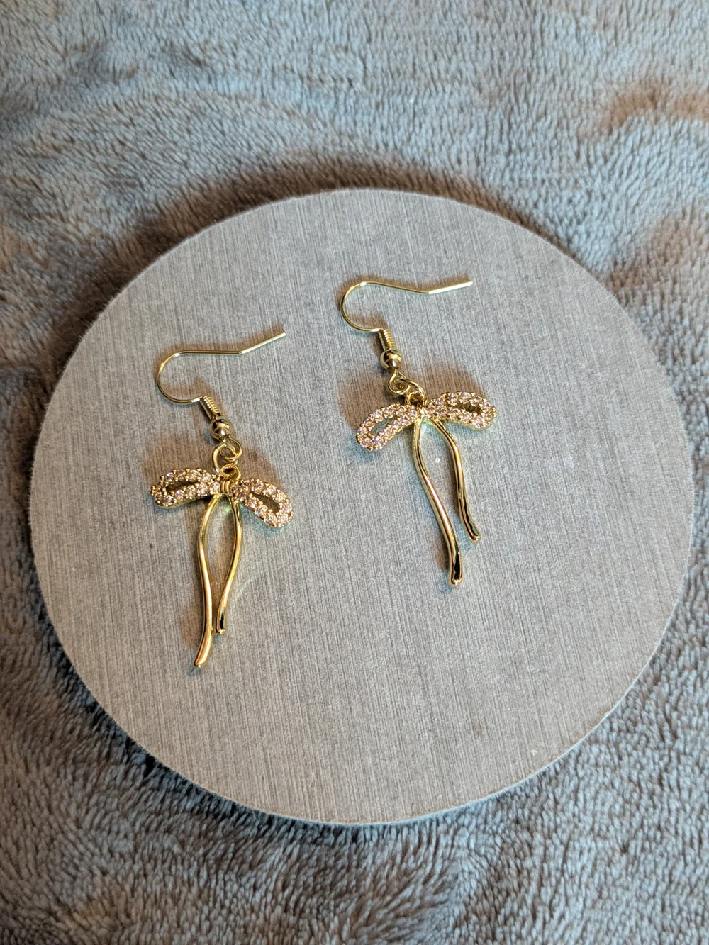 Gold Bow Tie Dangle Drop Earrings Sparkle Diamond